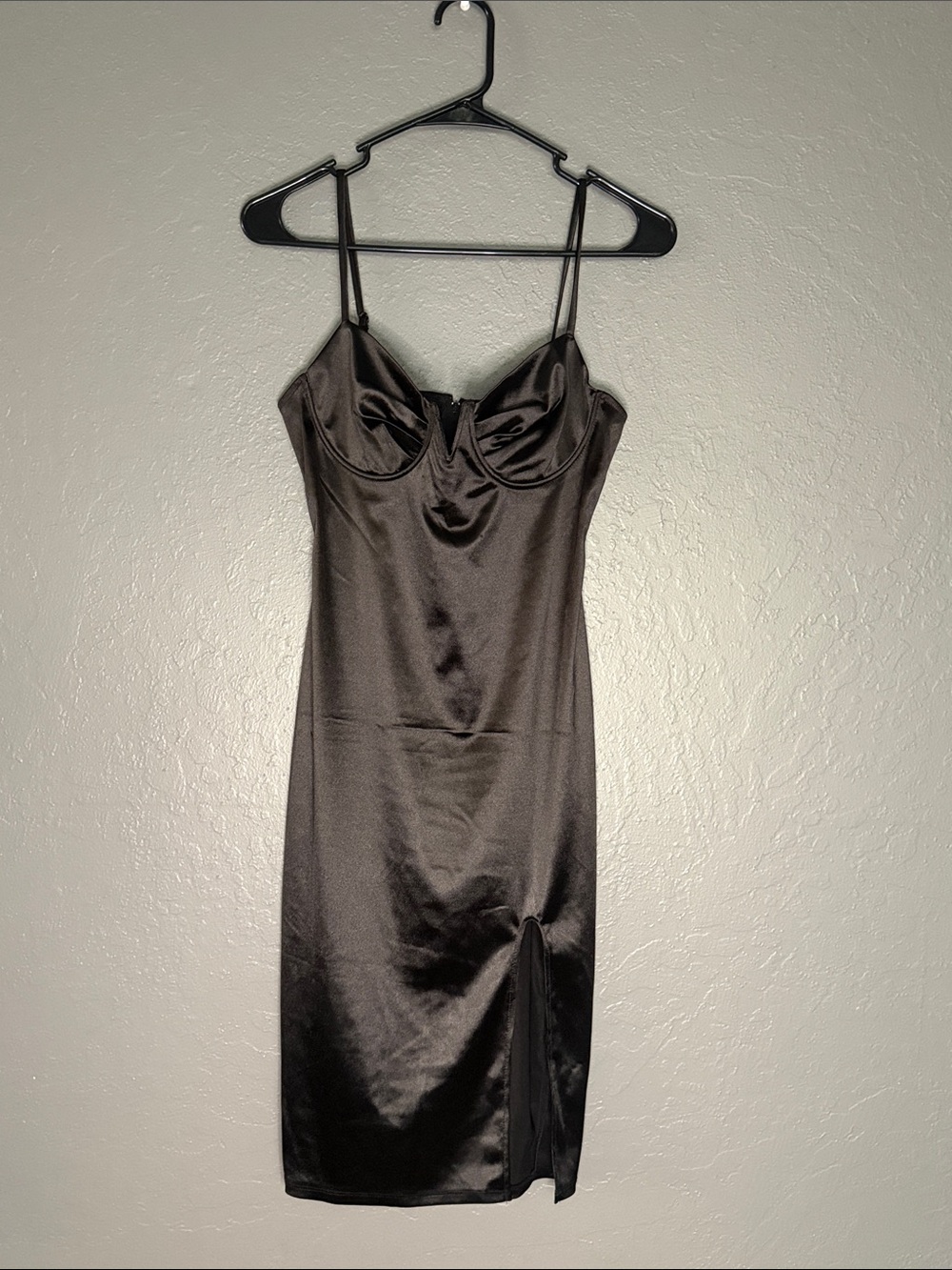 Black Satin Cowl Bust Slip Dress Side Slit Spaghetti Strap Bodycon